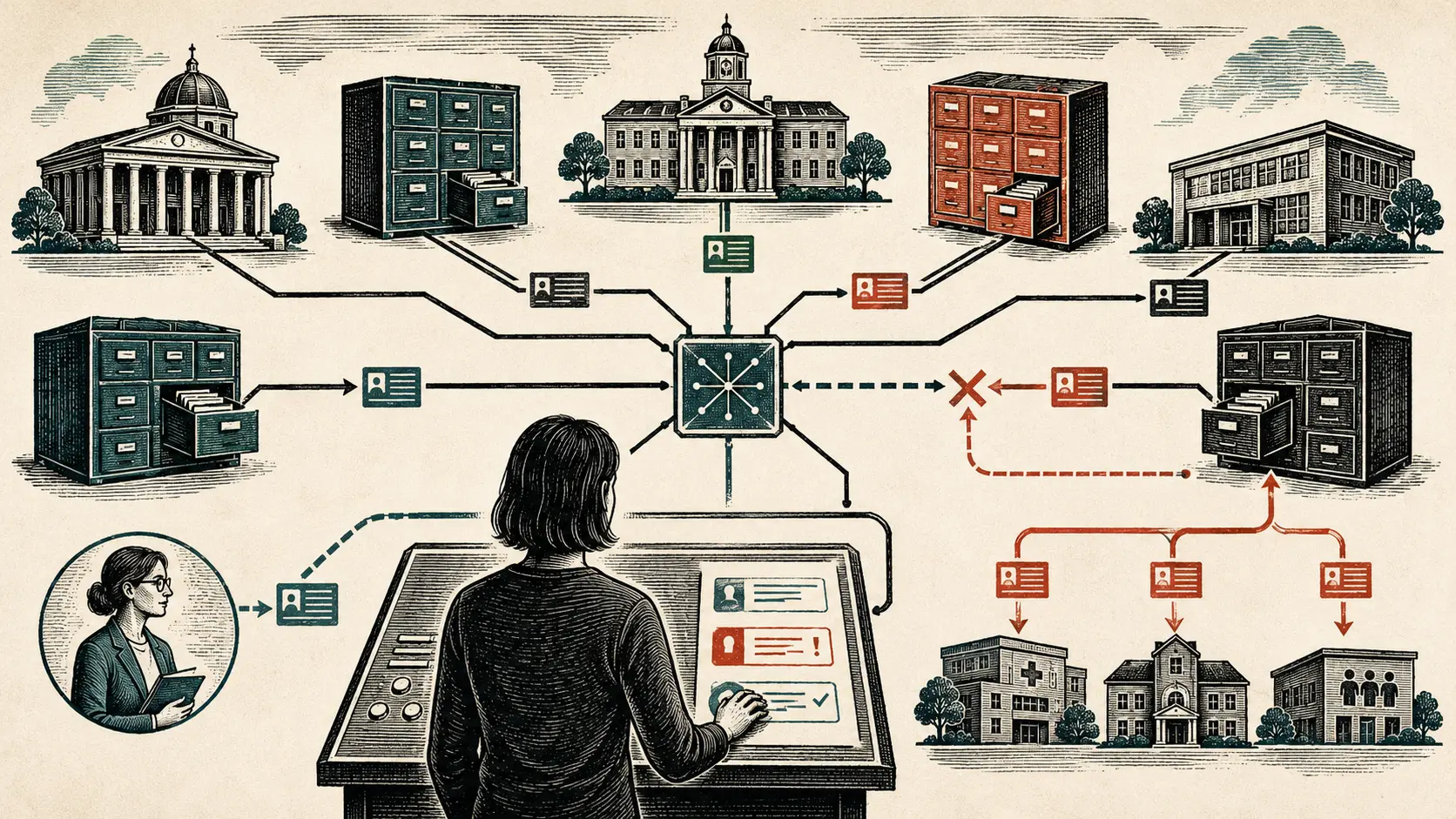 A citizen uses a control console connected to separate government registers, with a disputed record routed back for correction.