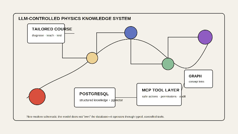 Neo-modern schematic showing a tailored physics course connected through an MCP tool layer to PostgreSQL, pgvector, and a concept graph.