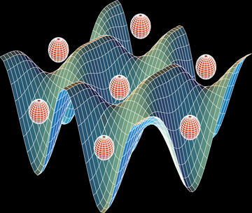 Illustration of neutral atoms trapped in an optical lattice formed by intersecting laser beams.