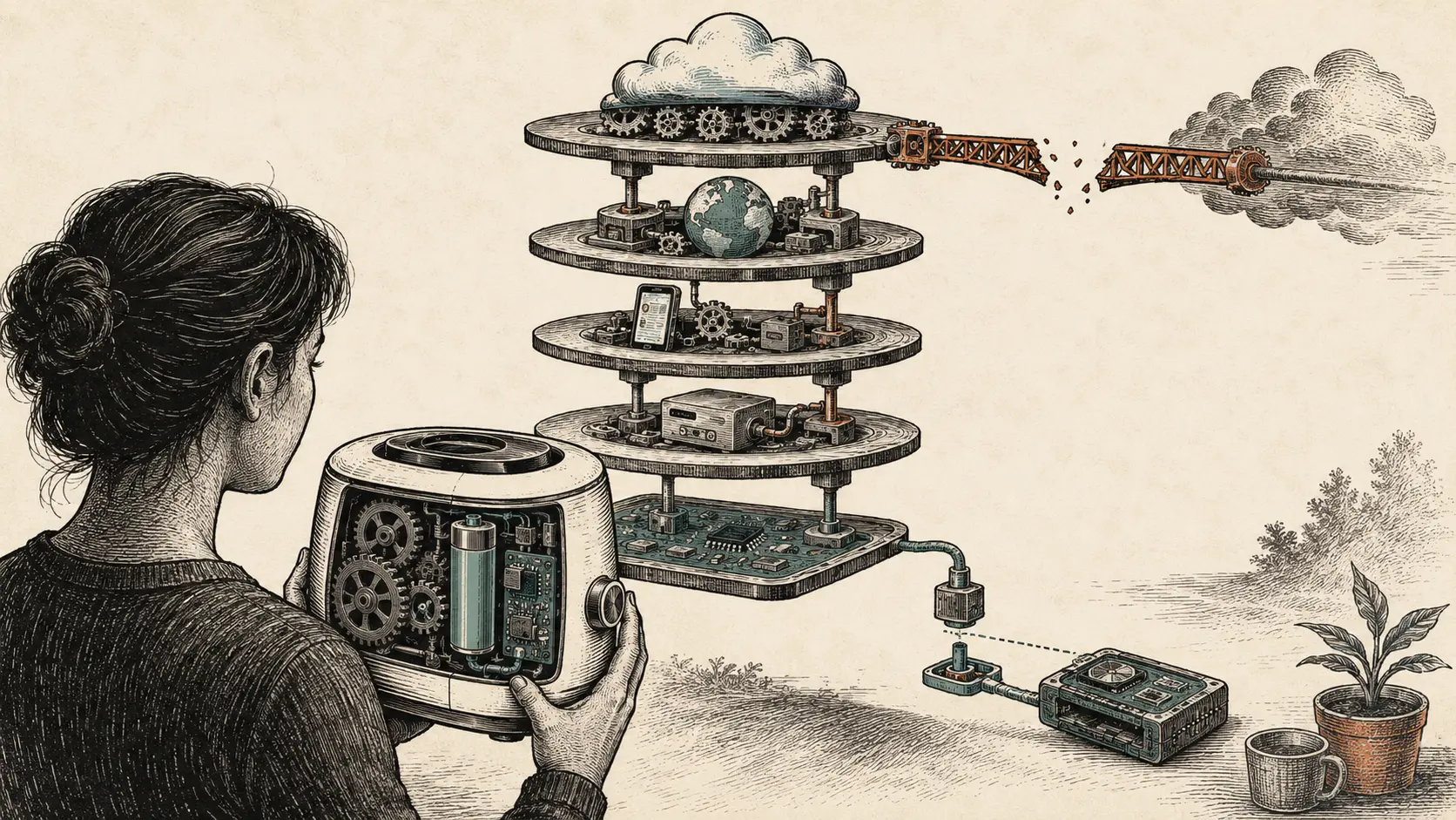 A person holds an intact device beneath layered software machinery connected to a cloud by a broken bridge.