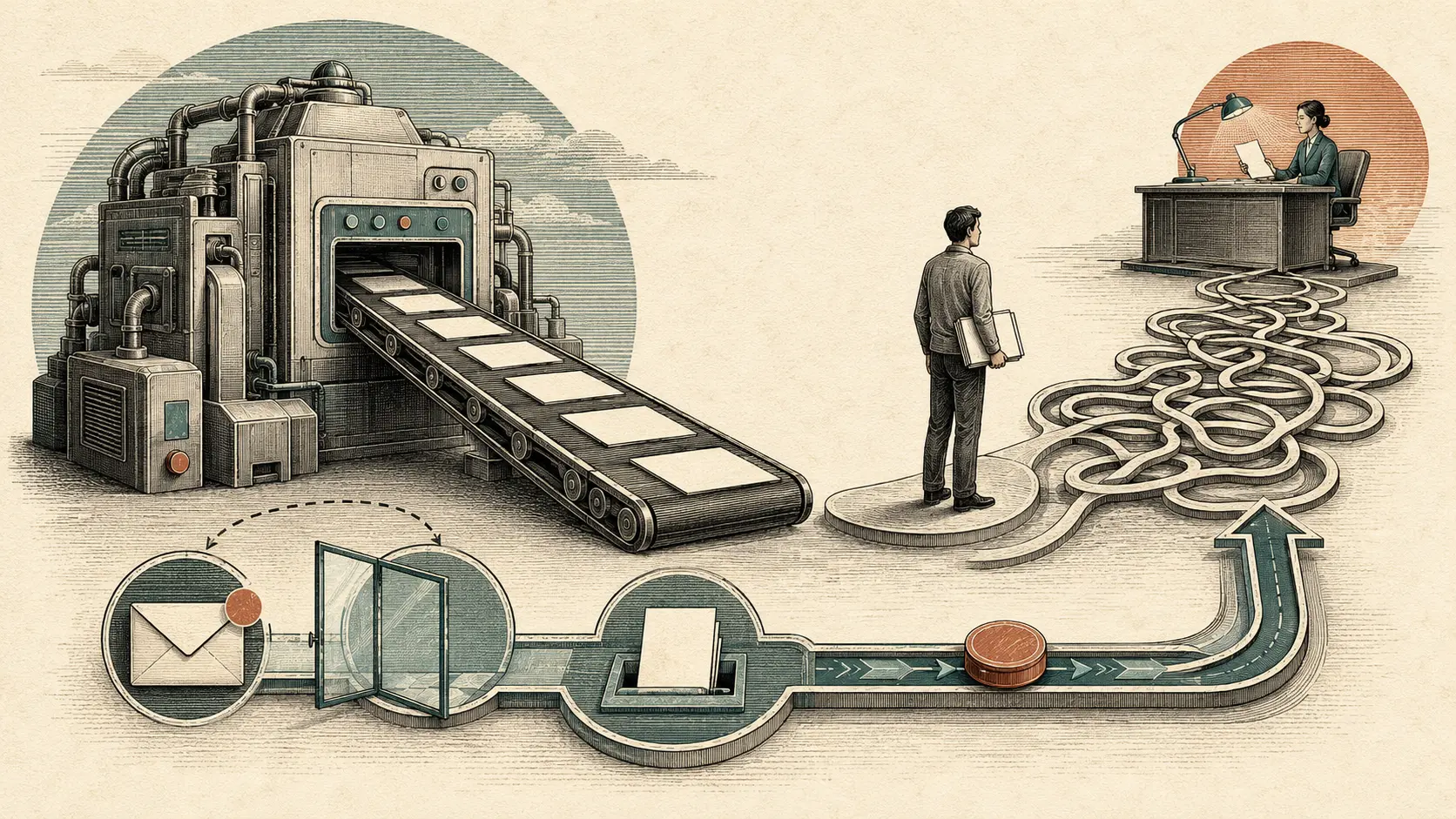 A decision machine sends papers down a conveyor while a person faces a tangled route to a human reviewer.