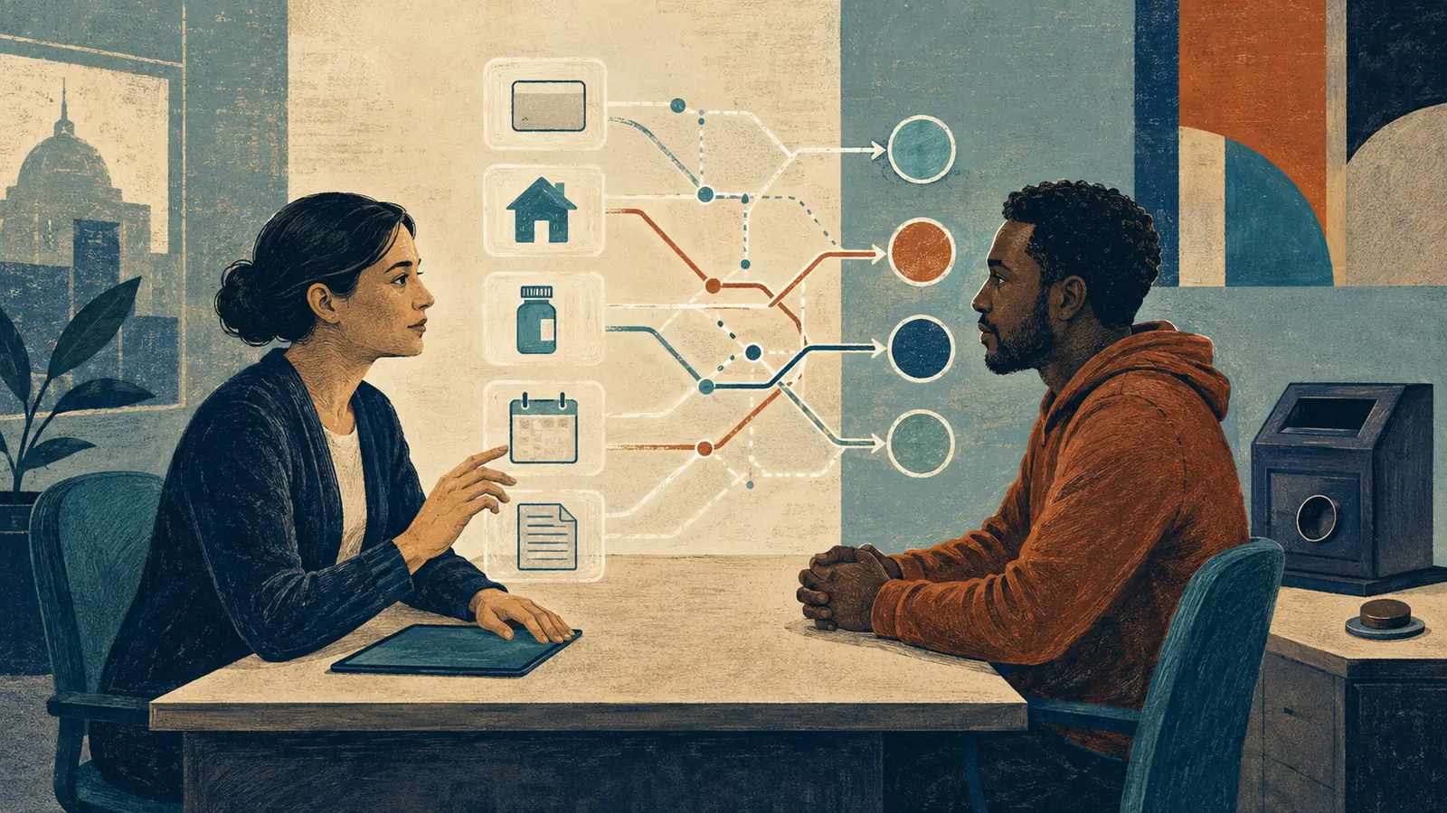 A caseworker and a citizen sit across a desk beside branching pathways connecting housing, health, calendar and document symbols, while a closed machine stands unused