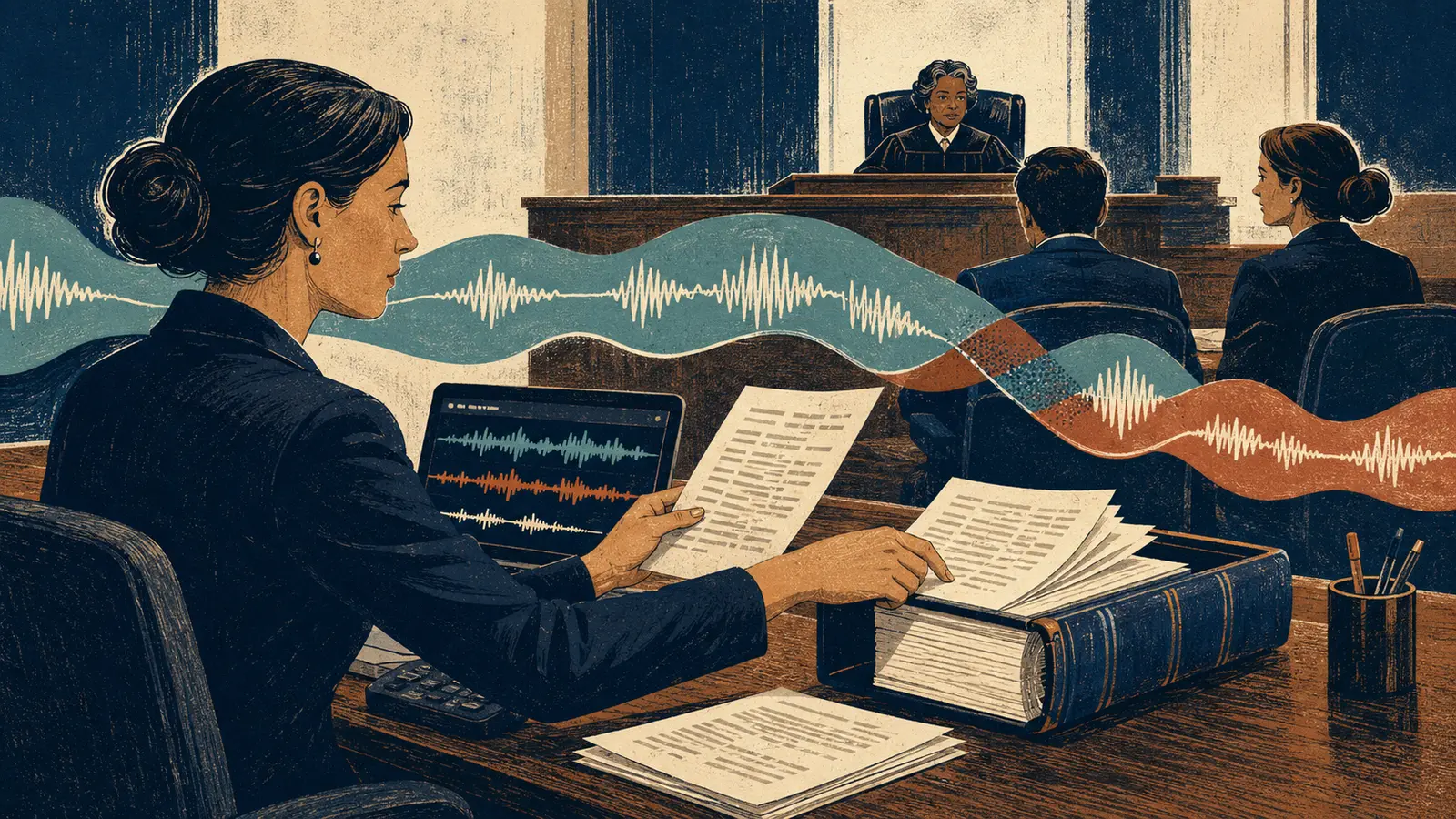 A court reporter compares audio waveforms with transcript pages before placing corrected pages in a bound record