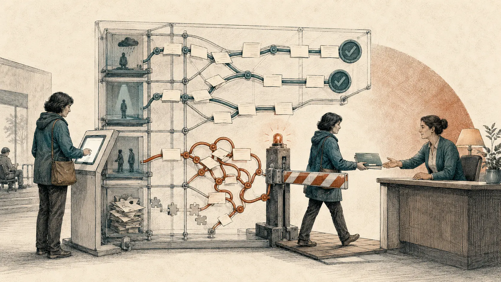 A person moves from a branching automated form through a stop gate to a human adviser at a desk