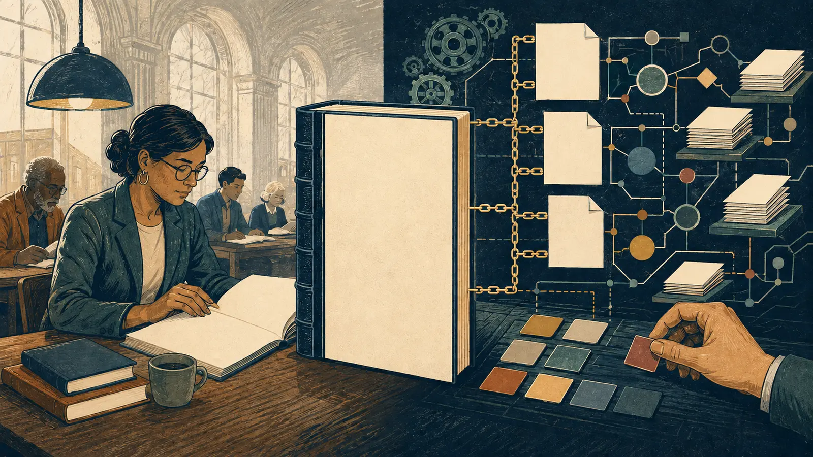A reader studies a blank legal volume while linked document versions are organised by an abstract archival machine