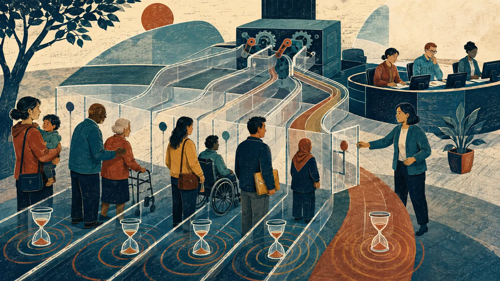 People with different needs wait in transparent branching lanes while a public servant opens a priority gate beside visible hourglasses and routing machinery