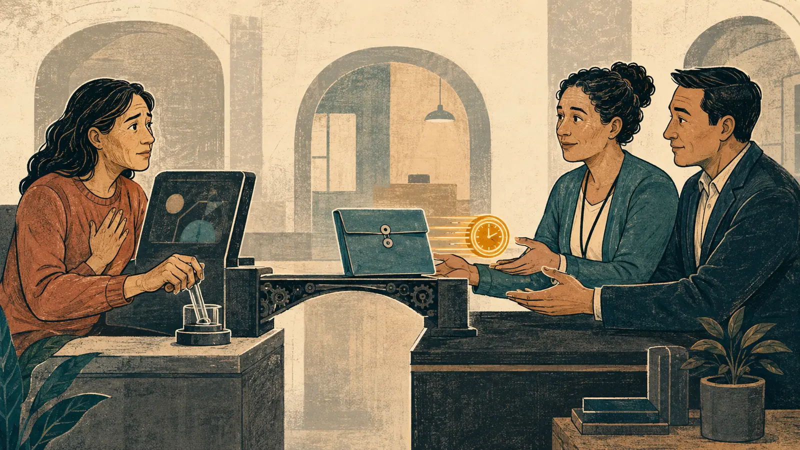 A woman sends a sealed case folder across a mechanical bridge to a navigator and legal professional