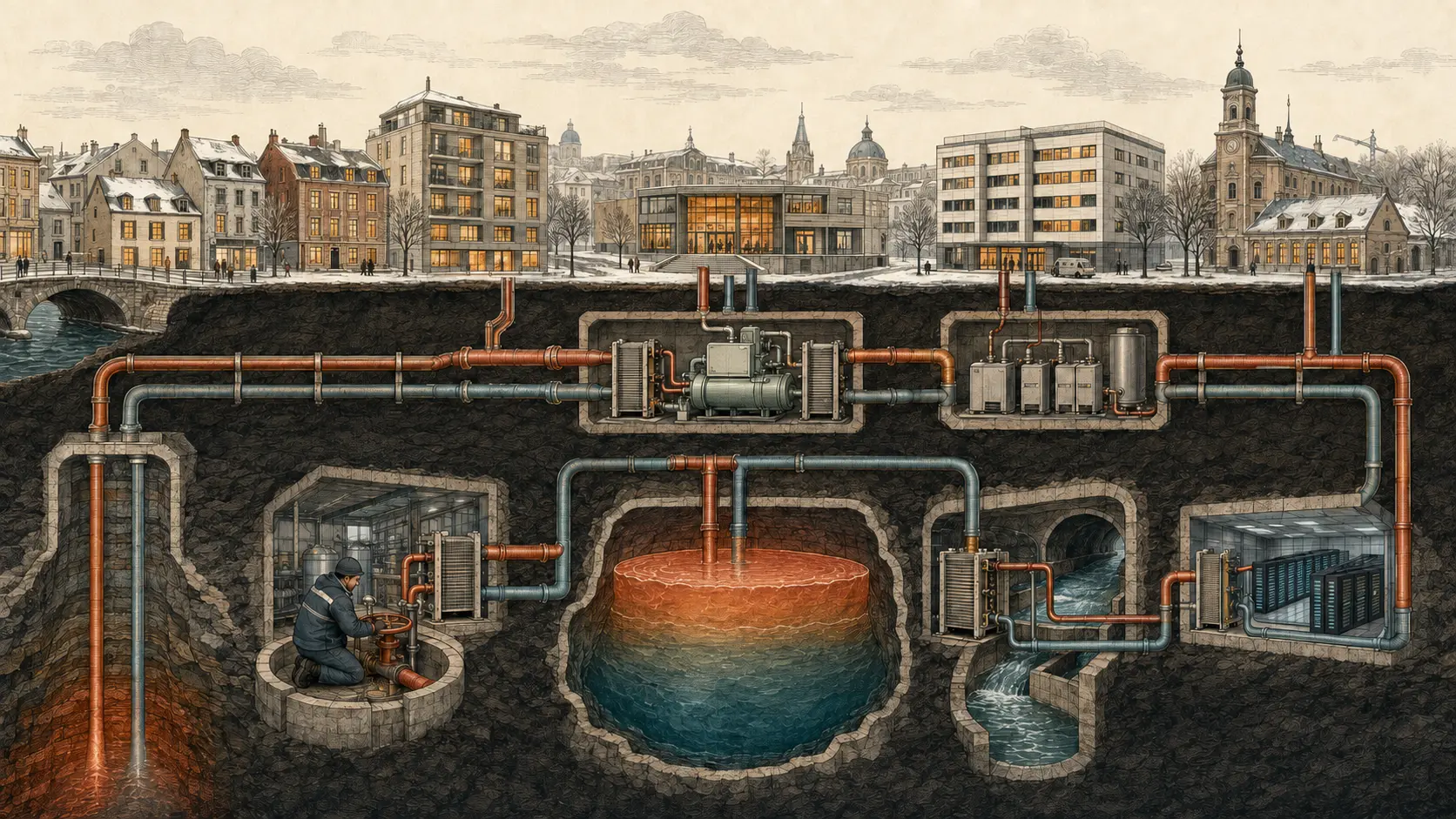 A winter city cutaway reveals insulated heat pipes, exchangers, storage, wastewater recovery and a maintenance worker underground.