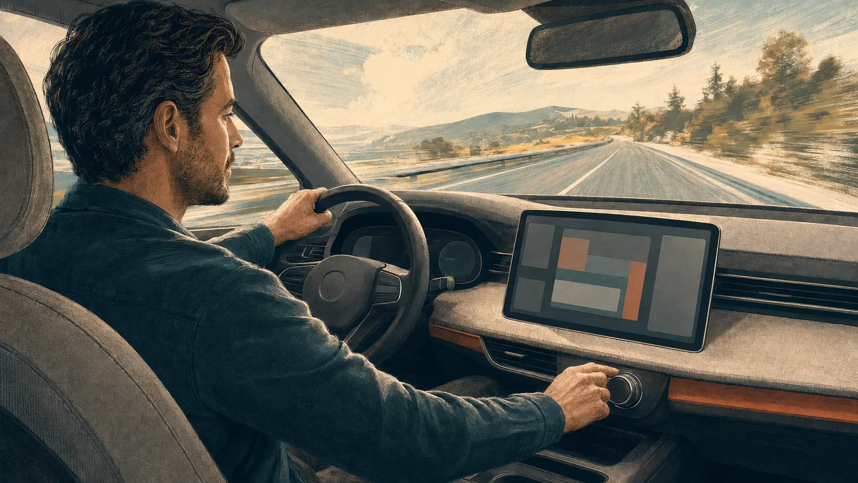 Illustration of a driver looking at the road while turning a ridged dashboard dial beside a touchscreen.