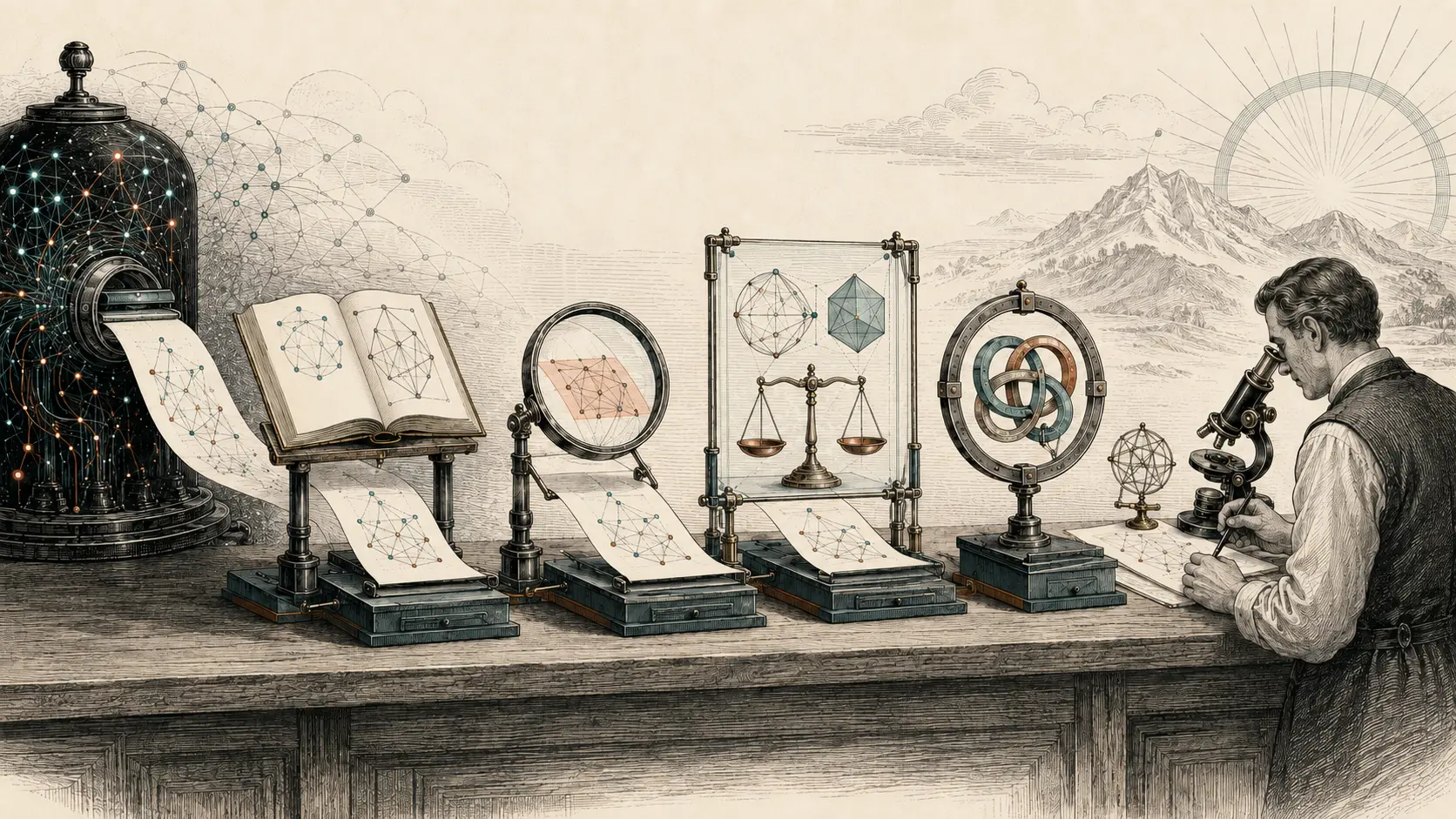 A paper from an abstract machine passes through a book, magnifier, balance and provenance rings before an independent researcher.