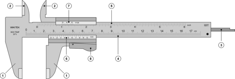 Technical illustration of a Vernier caliper with a main ruler and a slightly different secondary scale