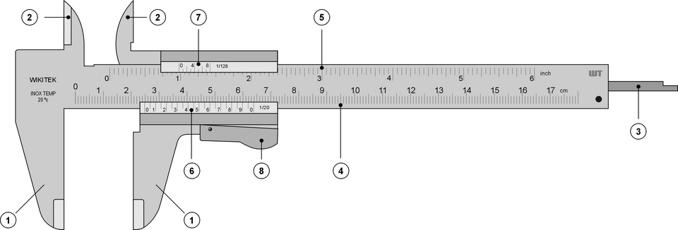Vernier caliper with a main ruler and a secondary scale with slightly different graduation spacing