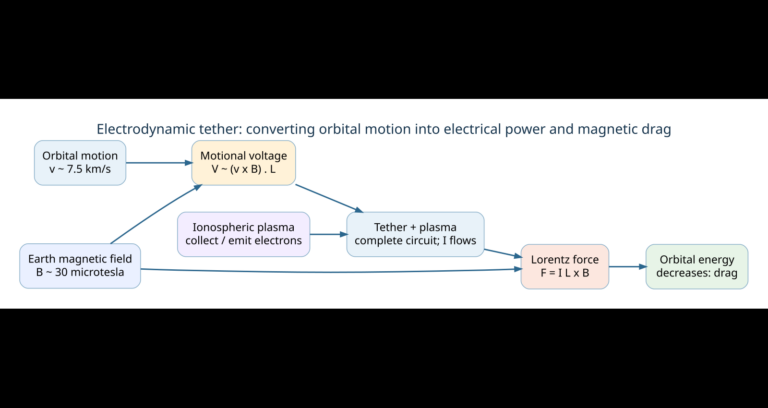 Signal-flow diagram: orbital motion through Earth's magnetic field induces a voltage along a conductive tether; ionospheric plasma closes the current circuit; the Lorentz force opposes motion and reduces orbital energy.