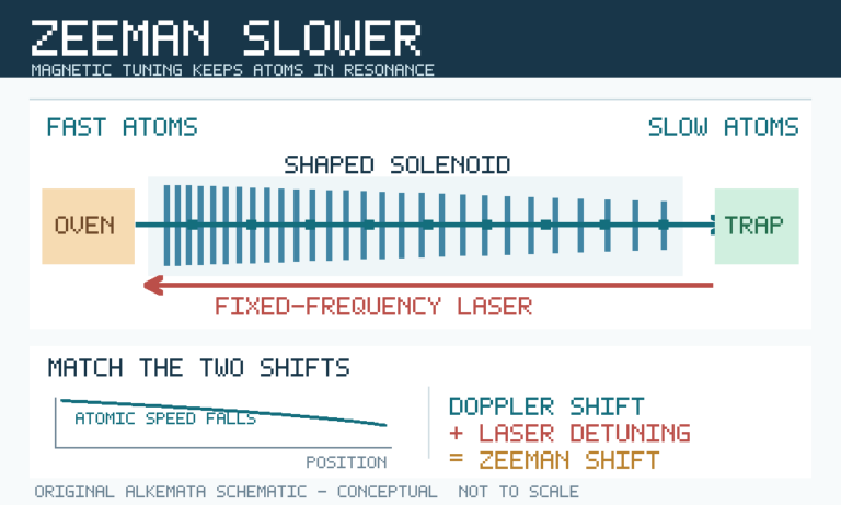 Original Alkemata schematic: fast atoms emerge from an oven and pass rightward through a solenoid with a changing magnetic field into a cold-atom trap. A fixed-frequency laser shines leftward against them. A lower panel explains that the magnetic Zeeman shift compensates for the falling Doppler shift.