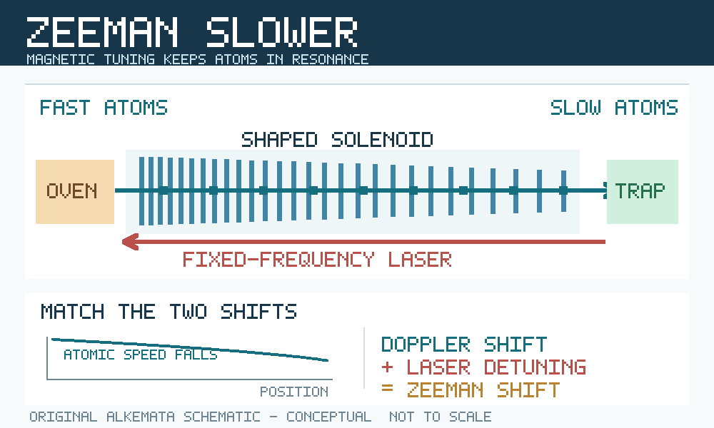 Original Alkemata diagram: atoms travel right through a shaped solenoid while a fixed-frequency laser shines left, compensating the falling Doppler shift with a changing Zeeman shift.